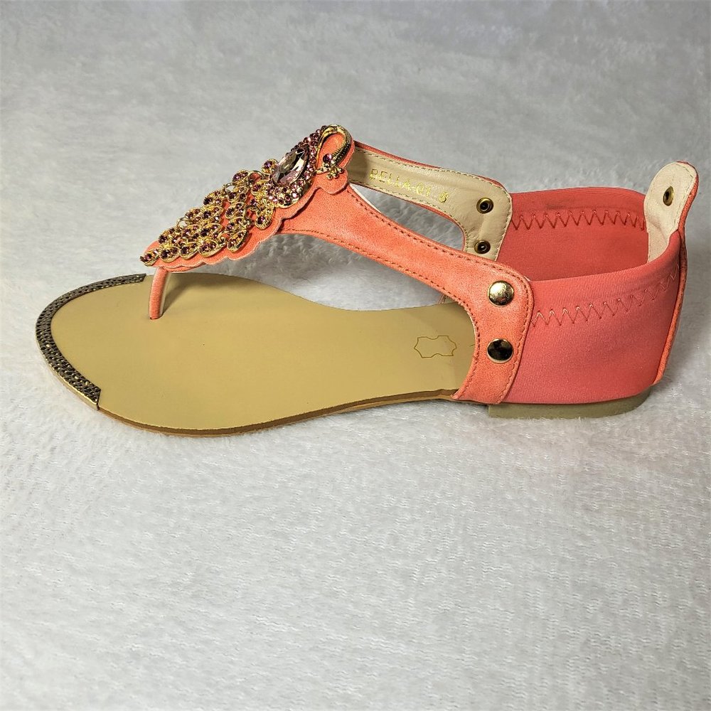 Coral Pink Summer Sandals Rhinestone Peacock Bird Thong Strap - Picture 5 of 9